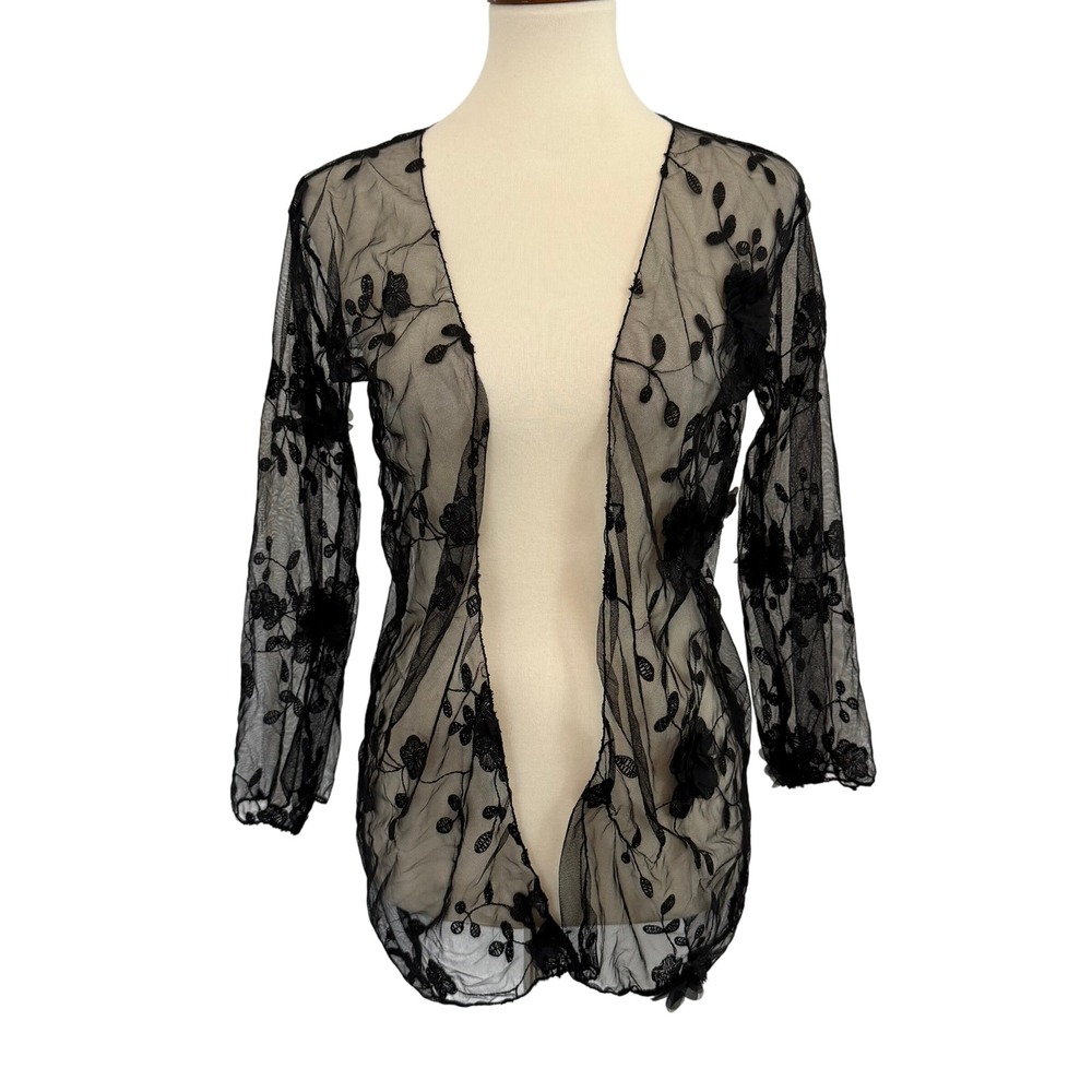 Black Floral Lace Sheer Mesh Long‎ Sleeve Open Front Cardigan XS/S Gothic